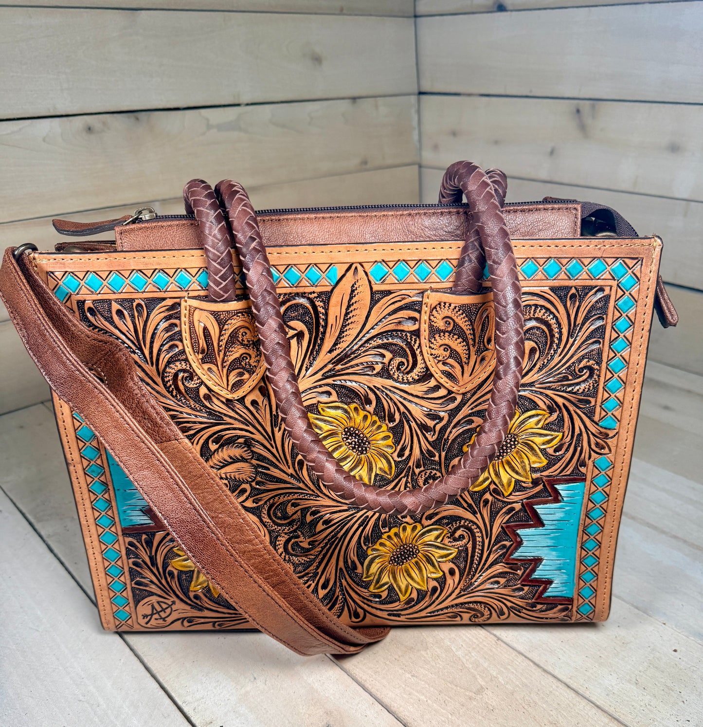 Braided Strap Sunflower Tooled Leather Tote