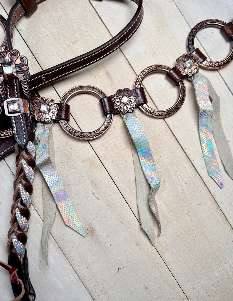 Ensemble Western Aledo Saddlery – Têtière Cuir Marron Avec Conchos Or Rose (neuf)