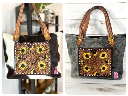Cowhide and Sunflower Painted and Tooled Pocket Tote