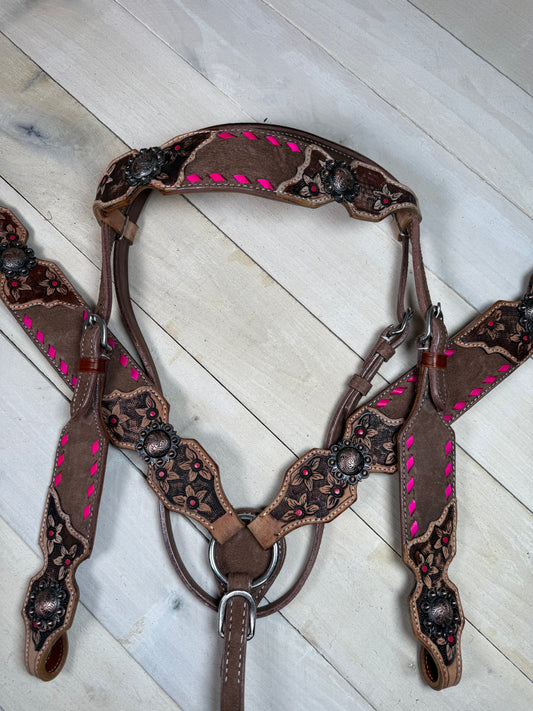 Pink Buckstitch Rough Out Leather Floral Tooled Tack Set