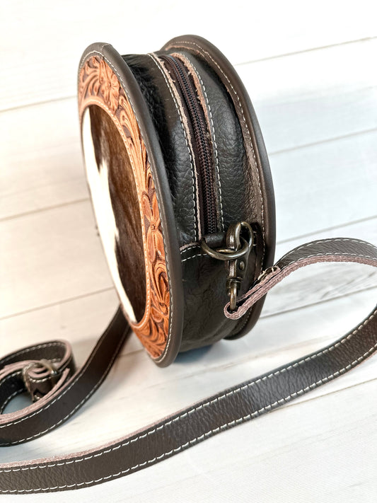 Cowhide Canteen Style Leather Tooled 10" Round Purse