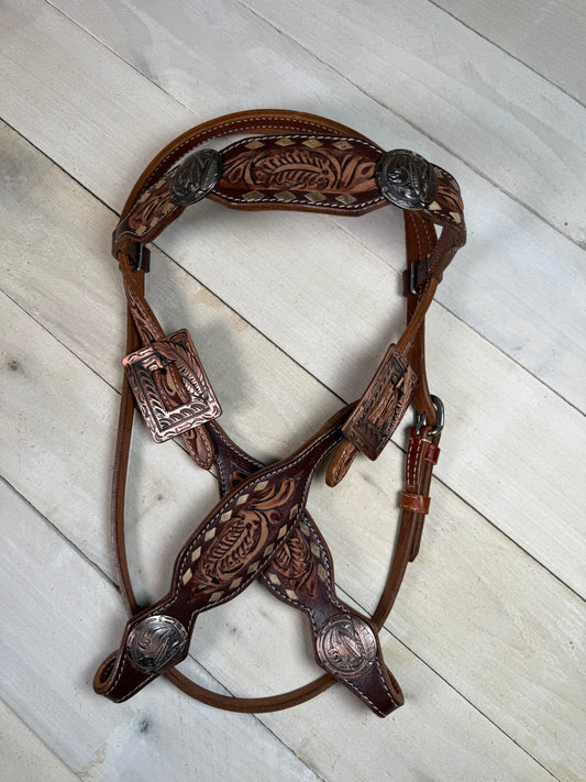 Leather Tooled Feather and Concho Buckstitch Tack Set