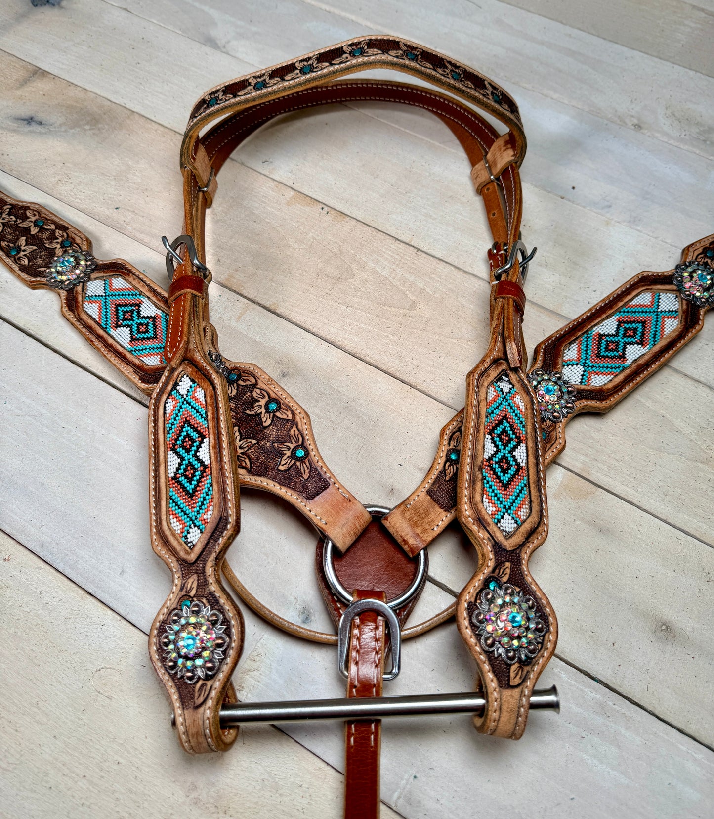 Daisy Tooled Teal and Coral Beaded Tack Set