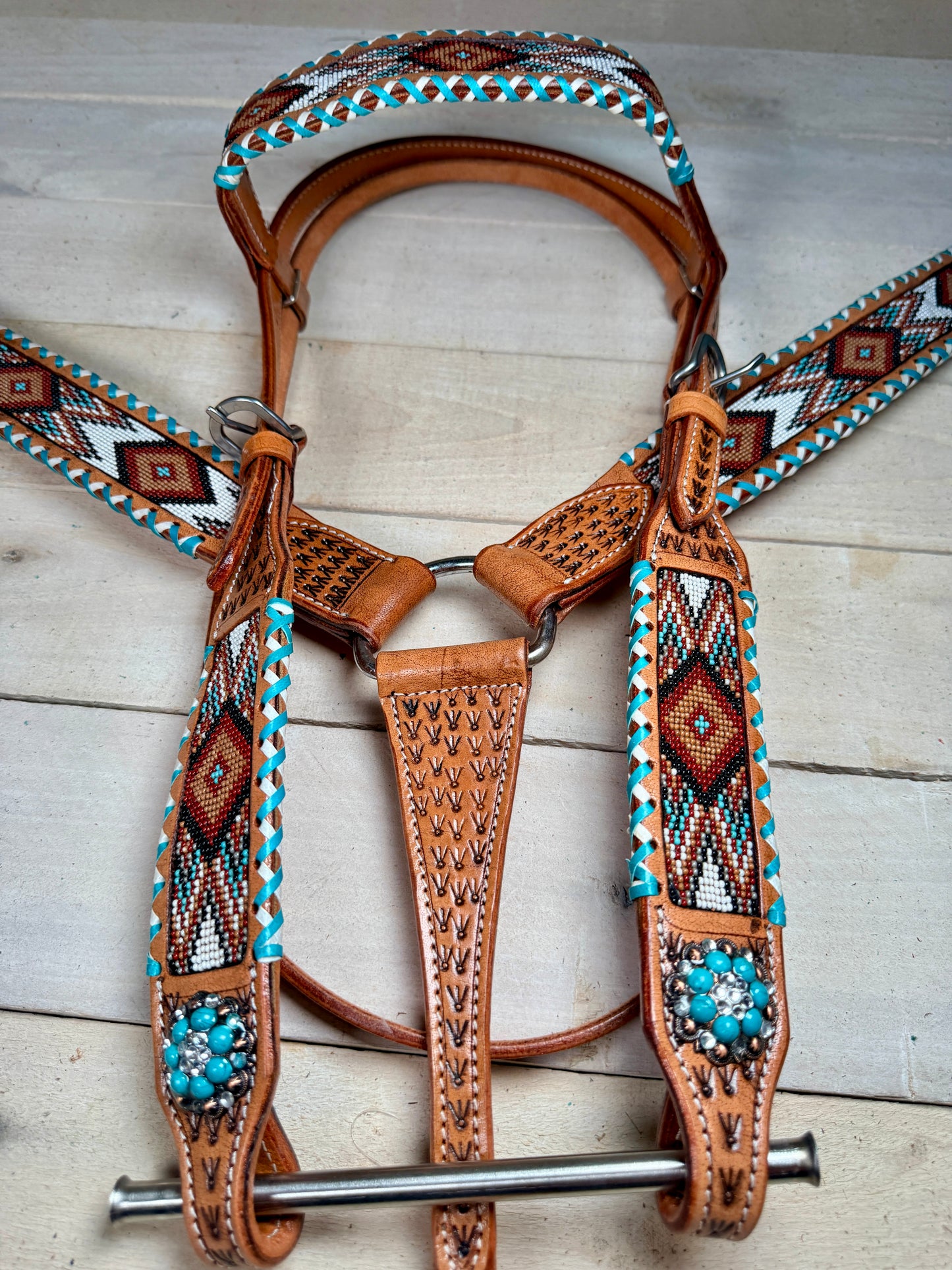 Teal and White Whipstitch Beaded Tack Set