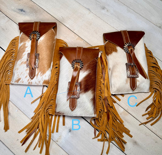 Cowhide Copper Concho Fringe Saddle Bag