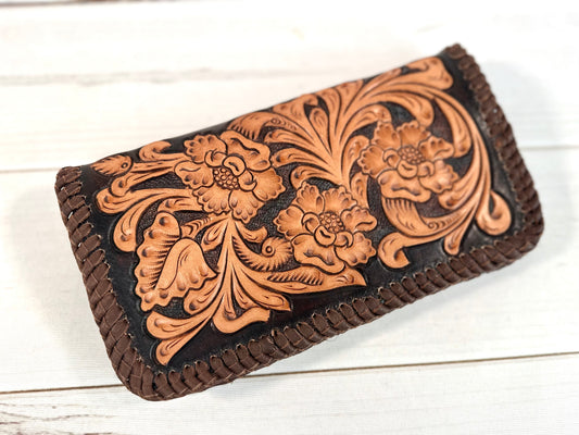 Dark Brown with Tan Floral Tooled Braided Border Wallet