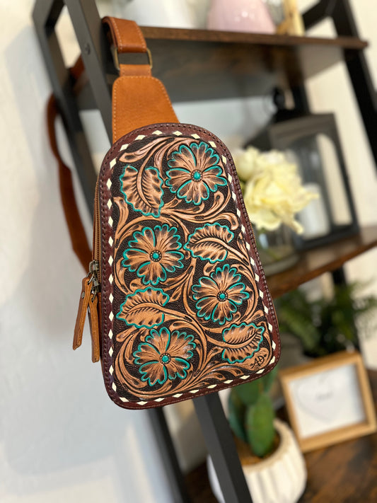 Small Leather Tooled Western Sling Bag