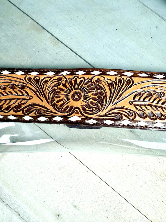 Clear Tooled Leather Buckstitch Fringe Bag