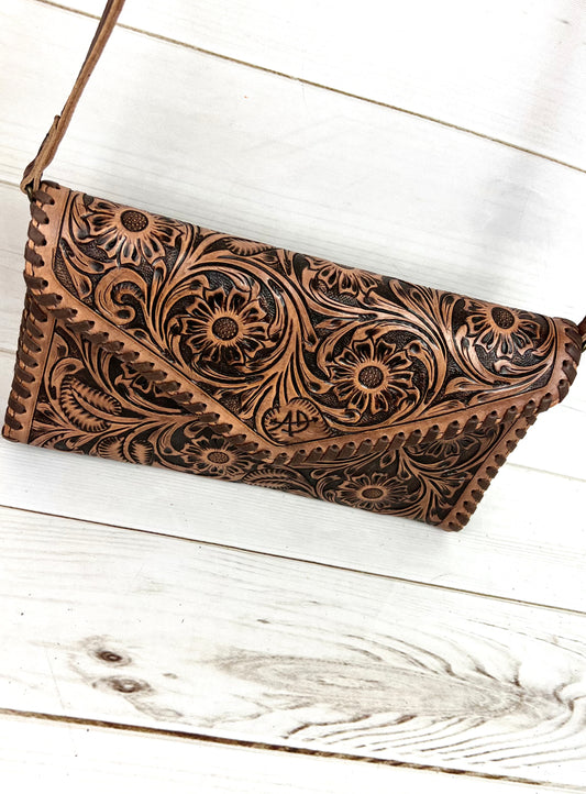 Dark Tooled Leather Envelope Clutch Purse