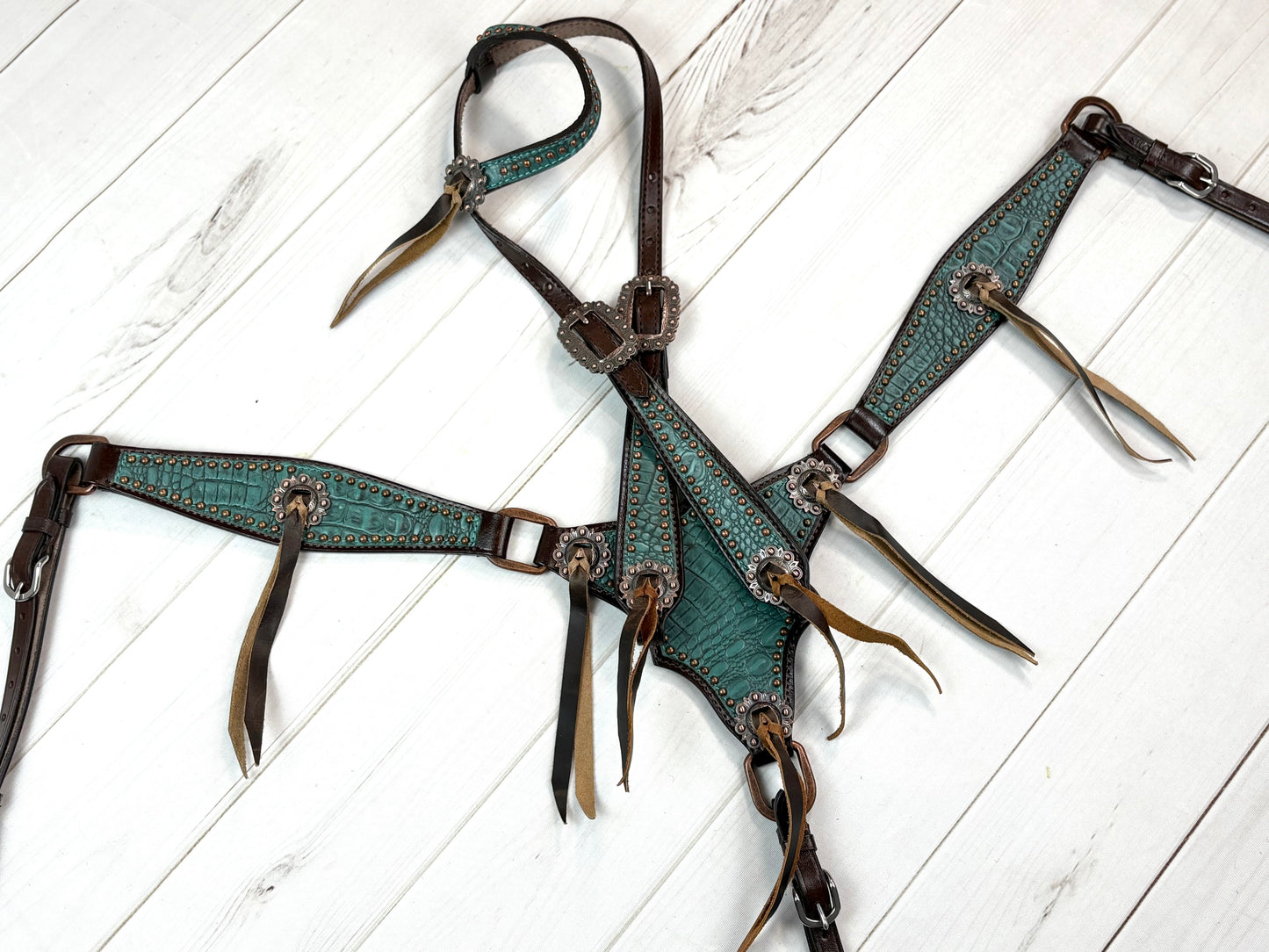 Dark Teal Gator Gladiator Style Leather Tack Set