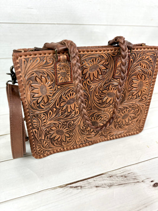 Floral Dream Leather Laptop Tote with Floral Tooling and Flat Braided Handles