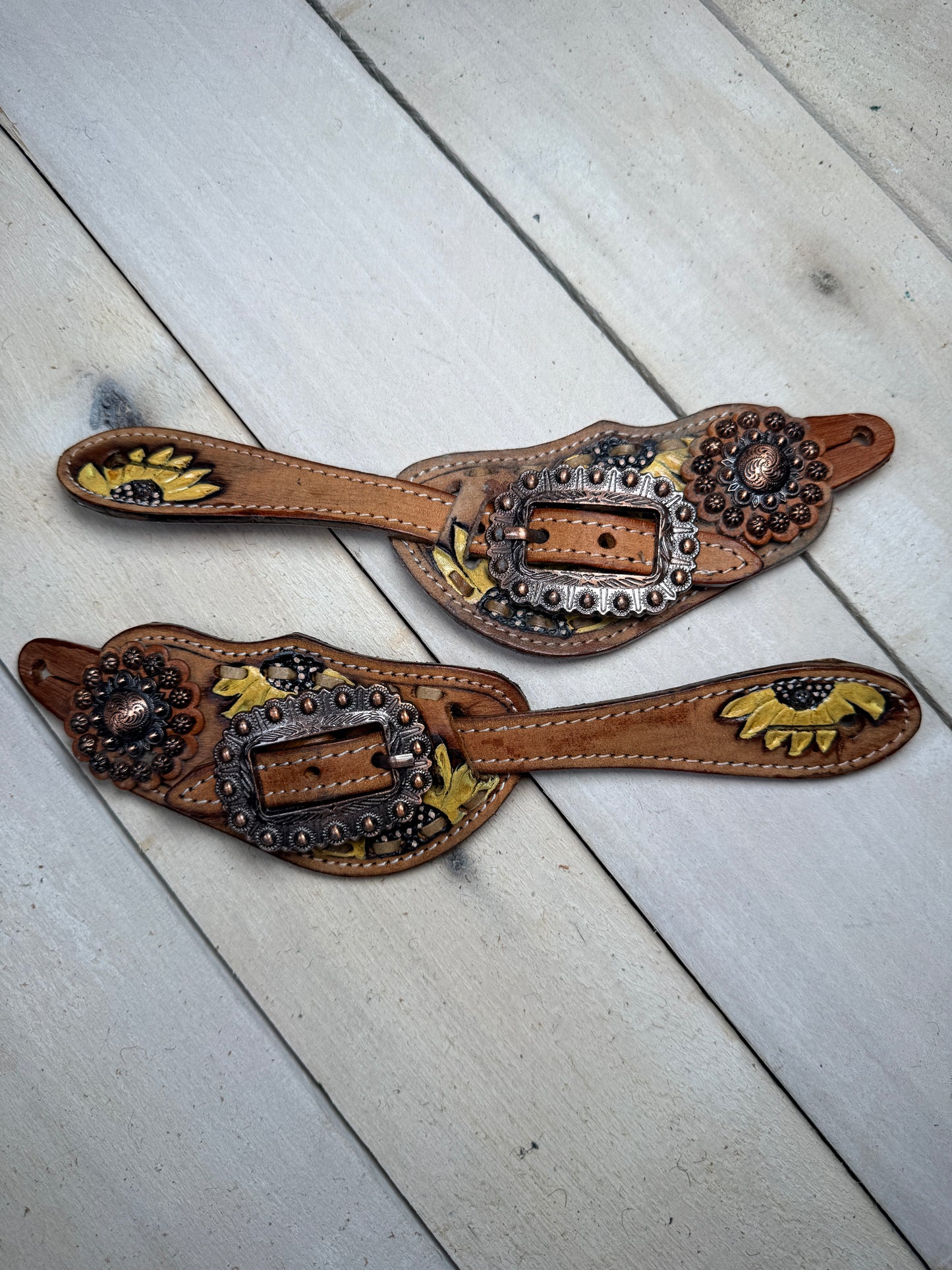 Sunflower Painted Copper Concho Spur Straps
