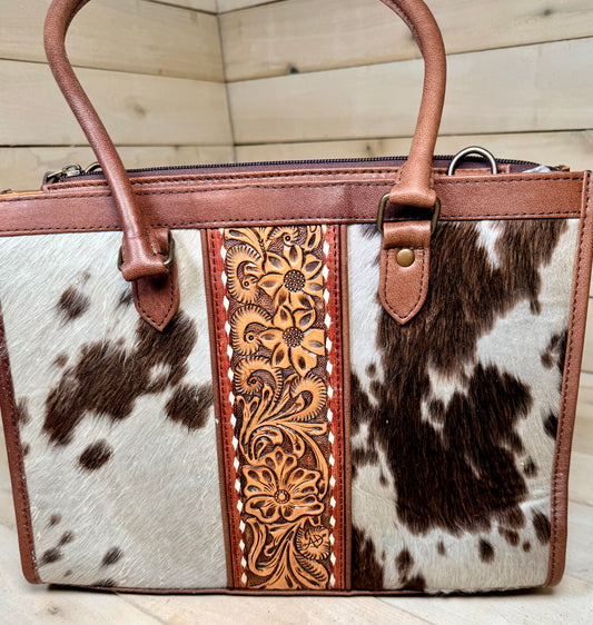 Floral Tooled Buckstitch Cowhide Tote Bag