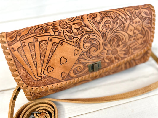 Vegas Hearts Leather Tooled Wide Clutch Handbag