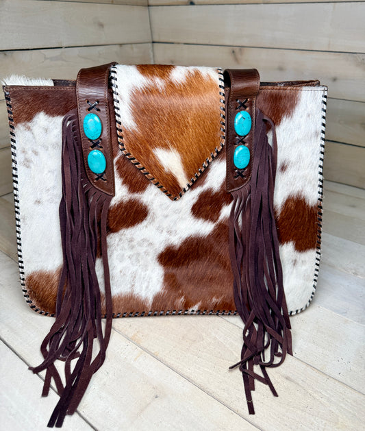 Cowhide Turquoise Stone Whipstitch Handbag