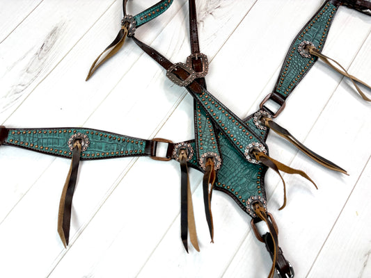Dark Teal Gator Gladiator Style Leather Tack Set