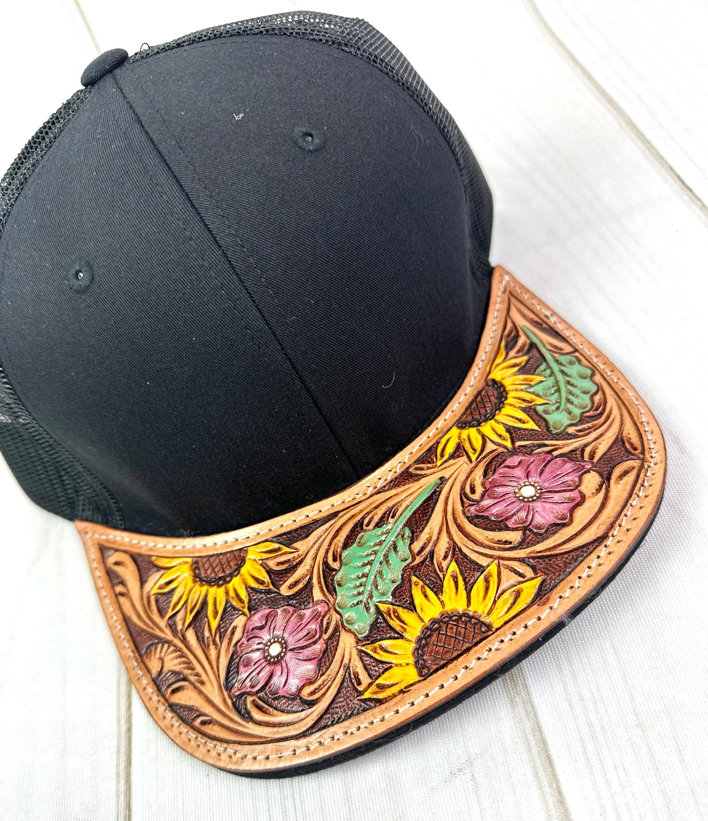 Western Tooled Leather Brim Snapback Trucker Style Hats