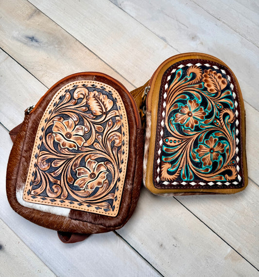 Buckstitch Tooled Leather and Hide Western Sling Bag