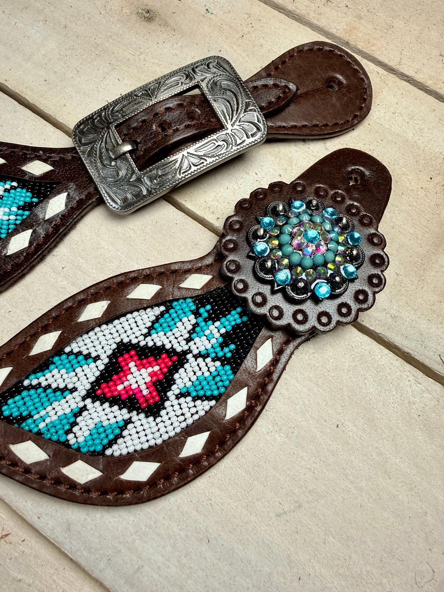 Teal and Pink Beaded Aztec Spur Straps