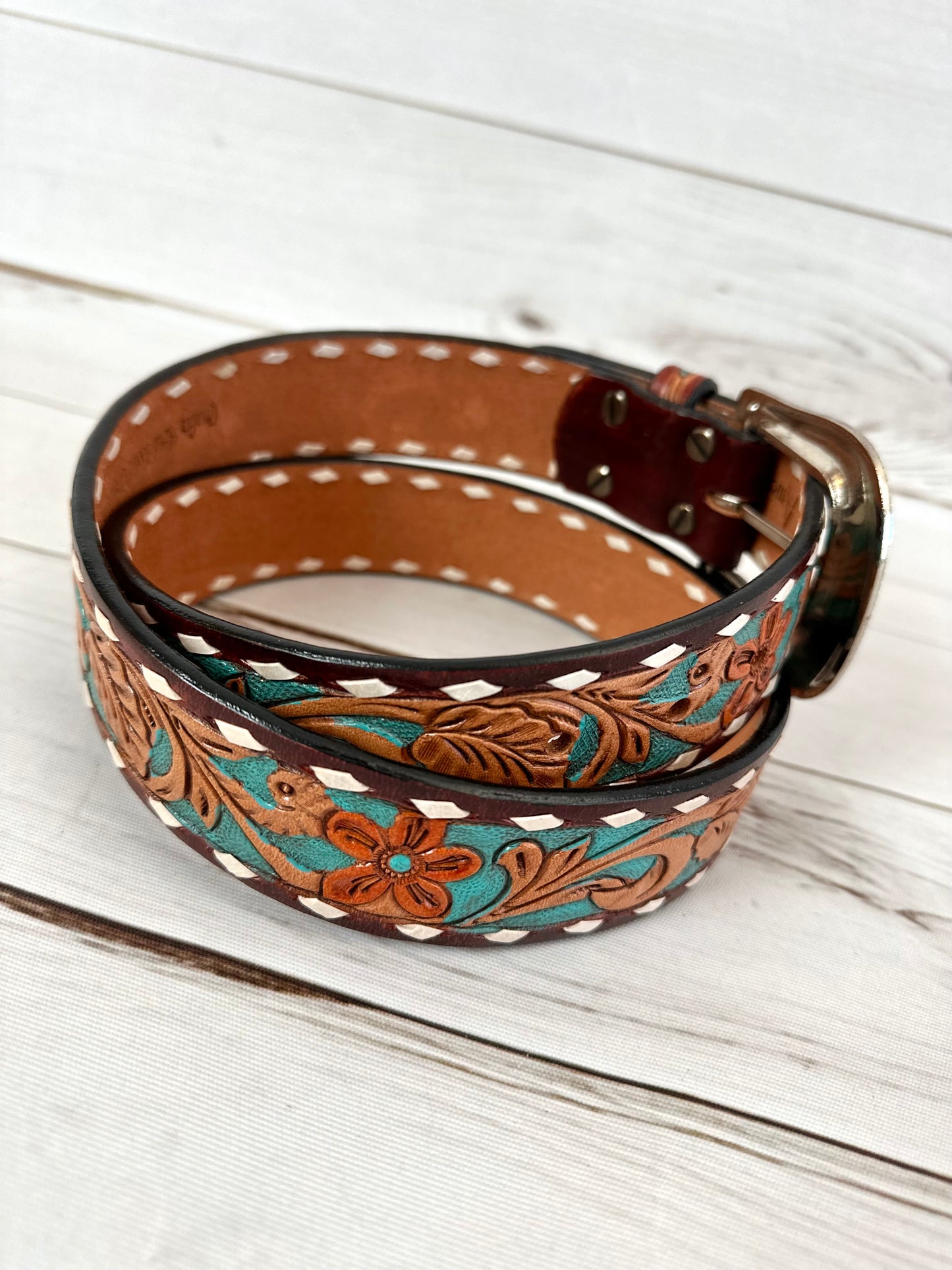 Teal Floral Tooled Leather Woman’s Belt