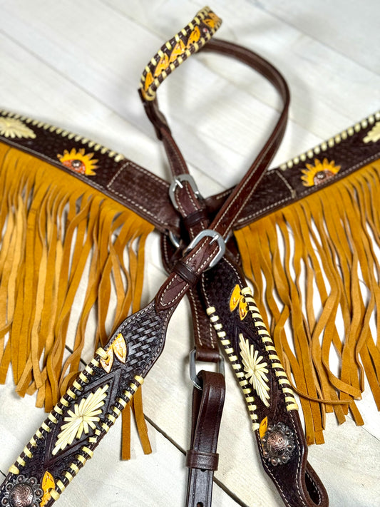 Dark Leather Crosshatch Sunflower Fringe Tack Set with Cream Whipstitch