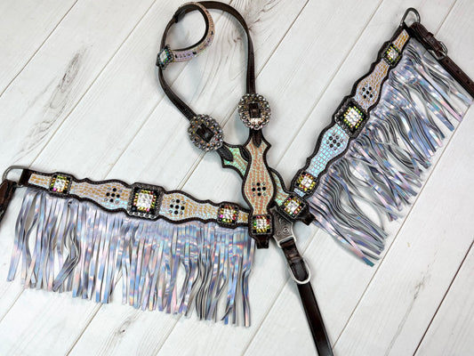 White Iridescent Leather Fringe Tack Set