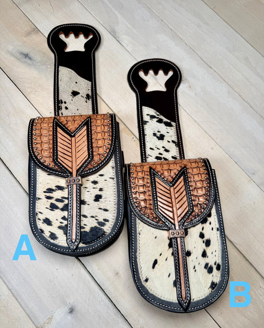 Cowhide Silver Studded and Leather Tooled Saddle Bag