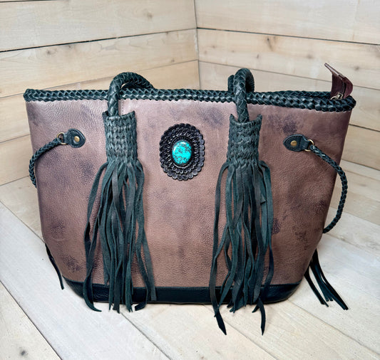 Turquoise Stone Soft Leather Braided Tassel Tote