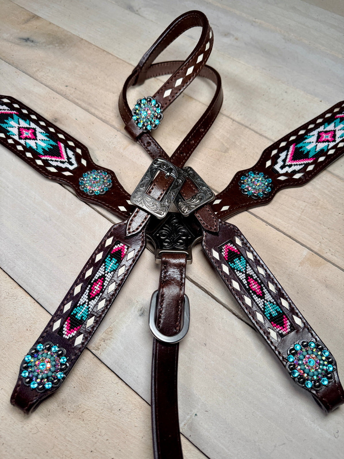 Teal and Pink Beaded Aztec Tack Set
