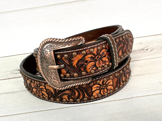 Dark Floral Tooled Studded Western Belt