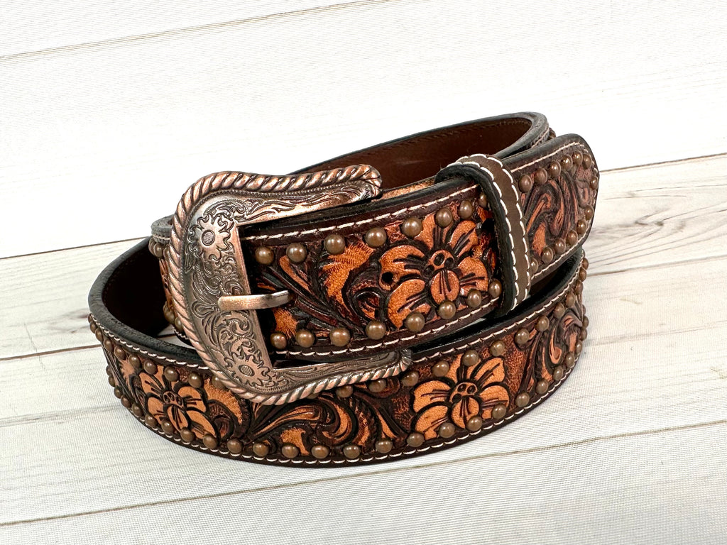Dark Floral Tooled Studded Western Belt – Cowgirl Barn & Tack display picture 1