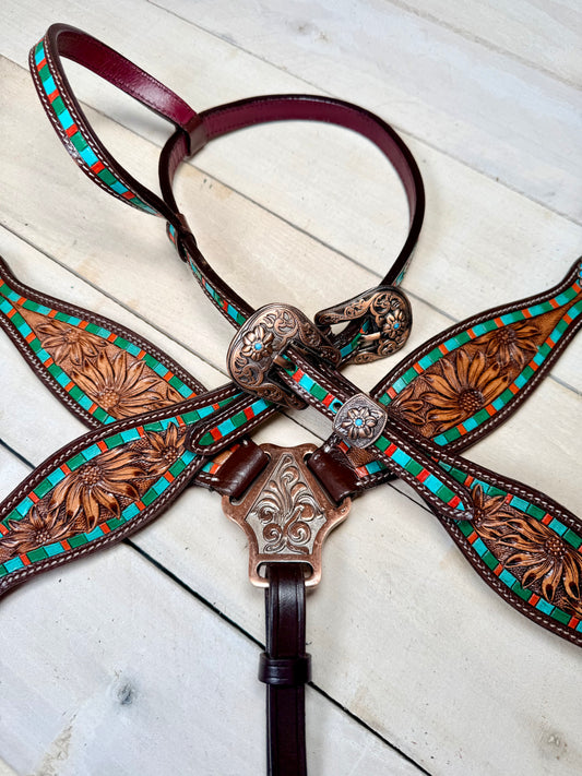 Turquoise Concho Green and Orange Sunflower Tack Set