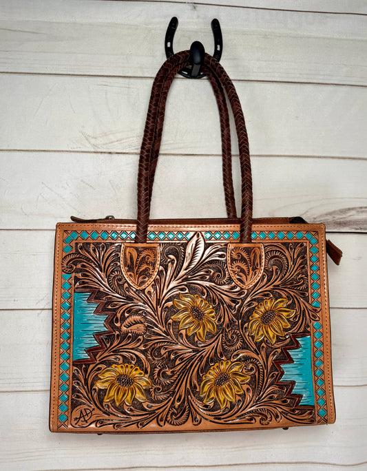 Braided Strap Sunflower Tooled Leather Tote