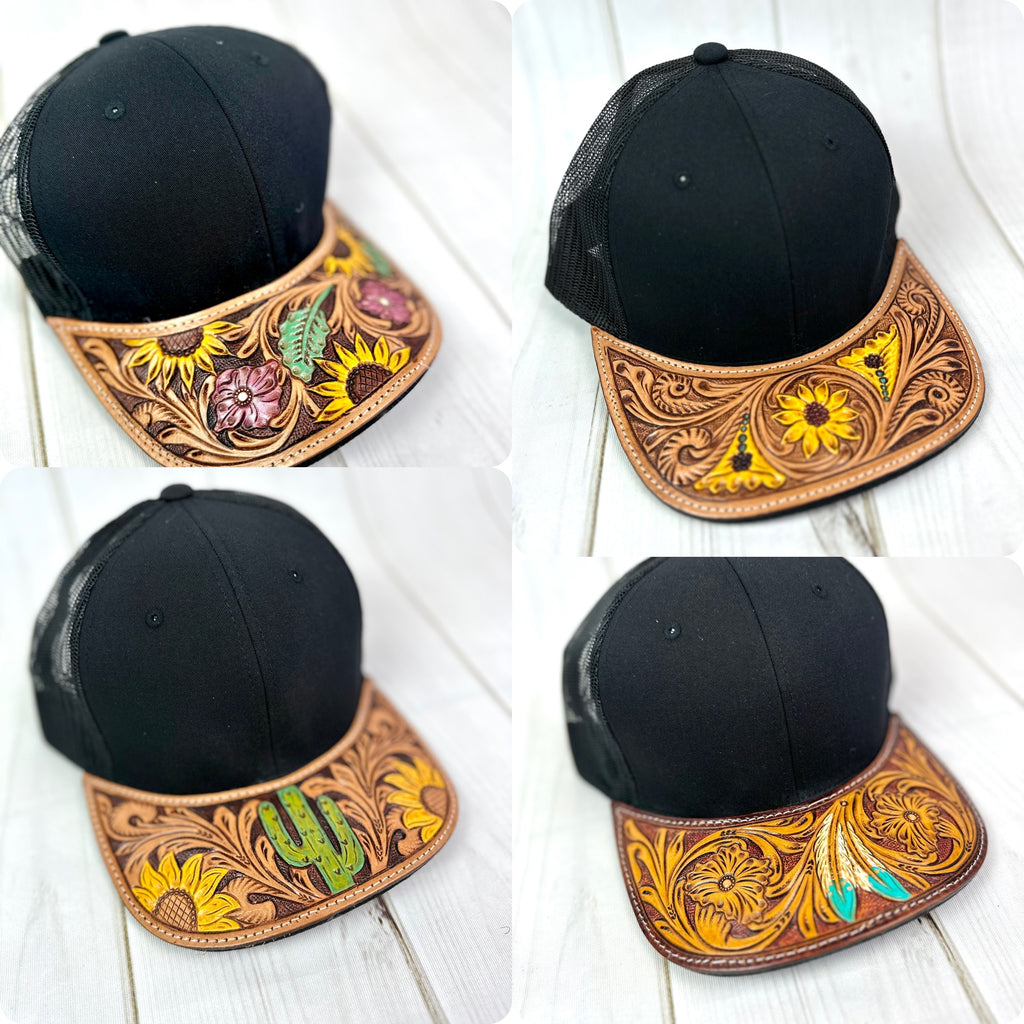 Western Tooled Leather Brim Snapback Trucker Style Hats  display picture 1