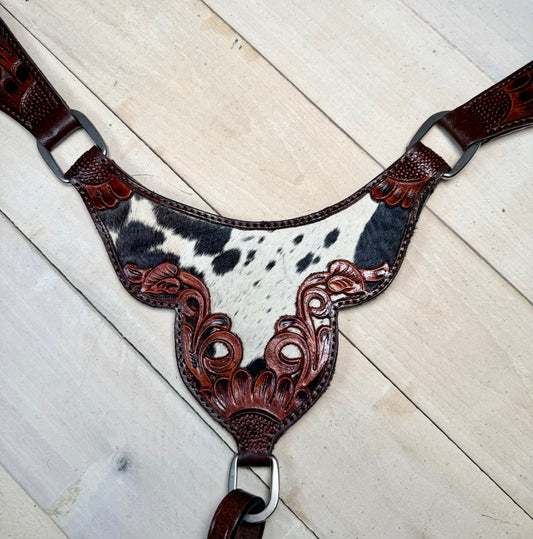 Black and White Hide Leather Tooled Tack Set