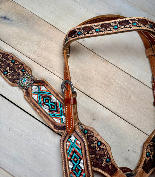 Daisy Tooled Teal and Coral Beaded Tack Set