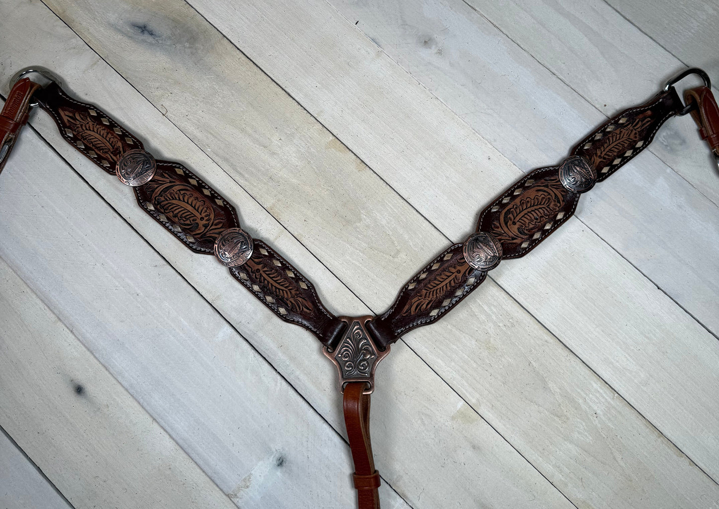 Leather Tooled Feather and Concho Buckstitch Tack Set