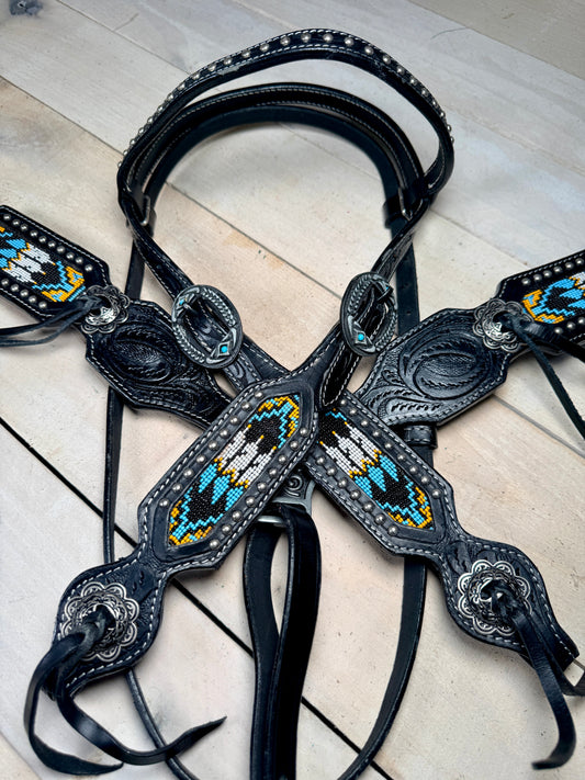 Black Leather Orange and Teal Beaded Tack Set