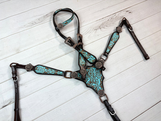 Turquoise Filigree Gladiator Style Leather Tack Set