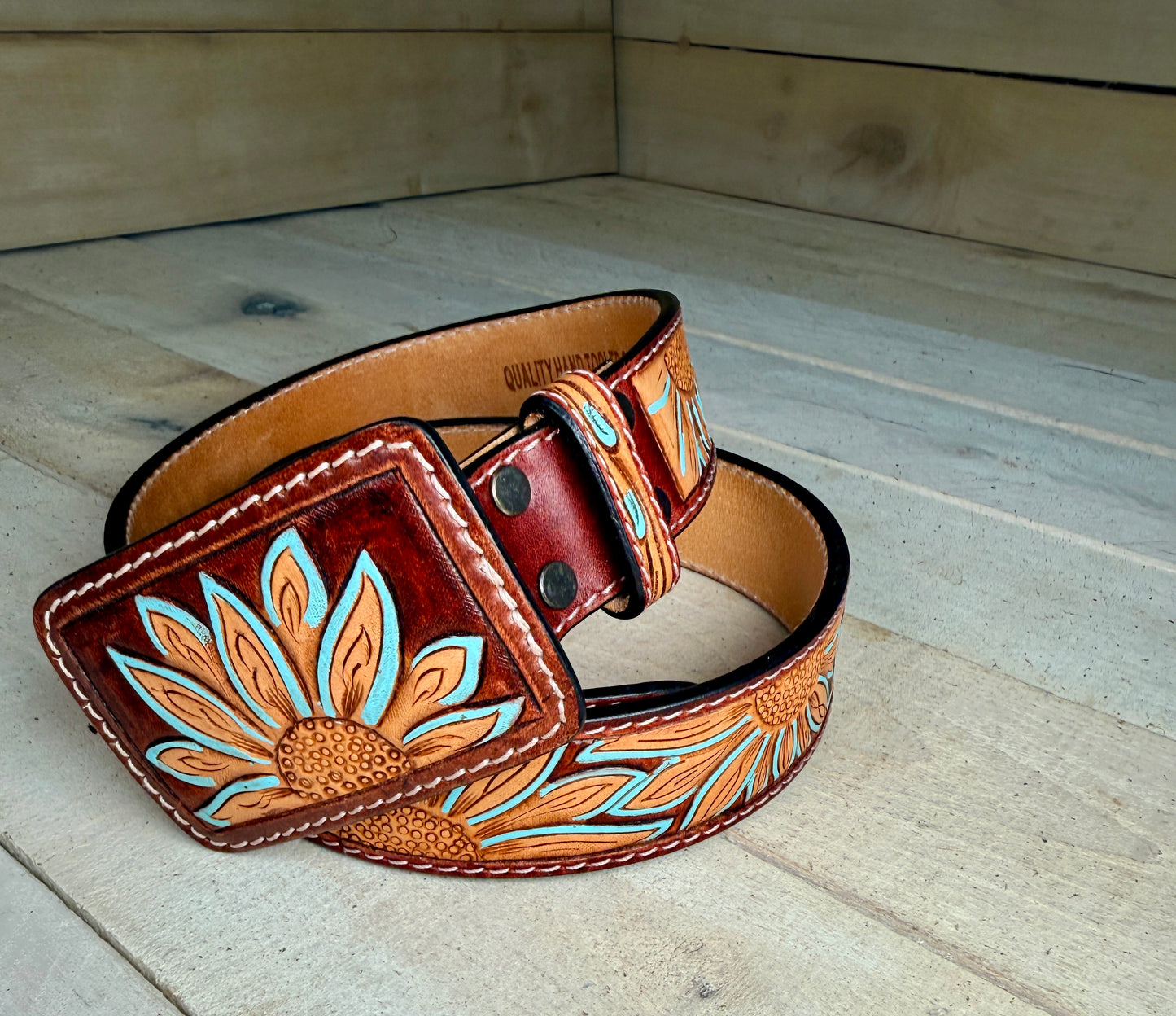 Turquoise Sunflower Tooled Leather Belt