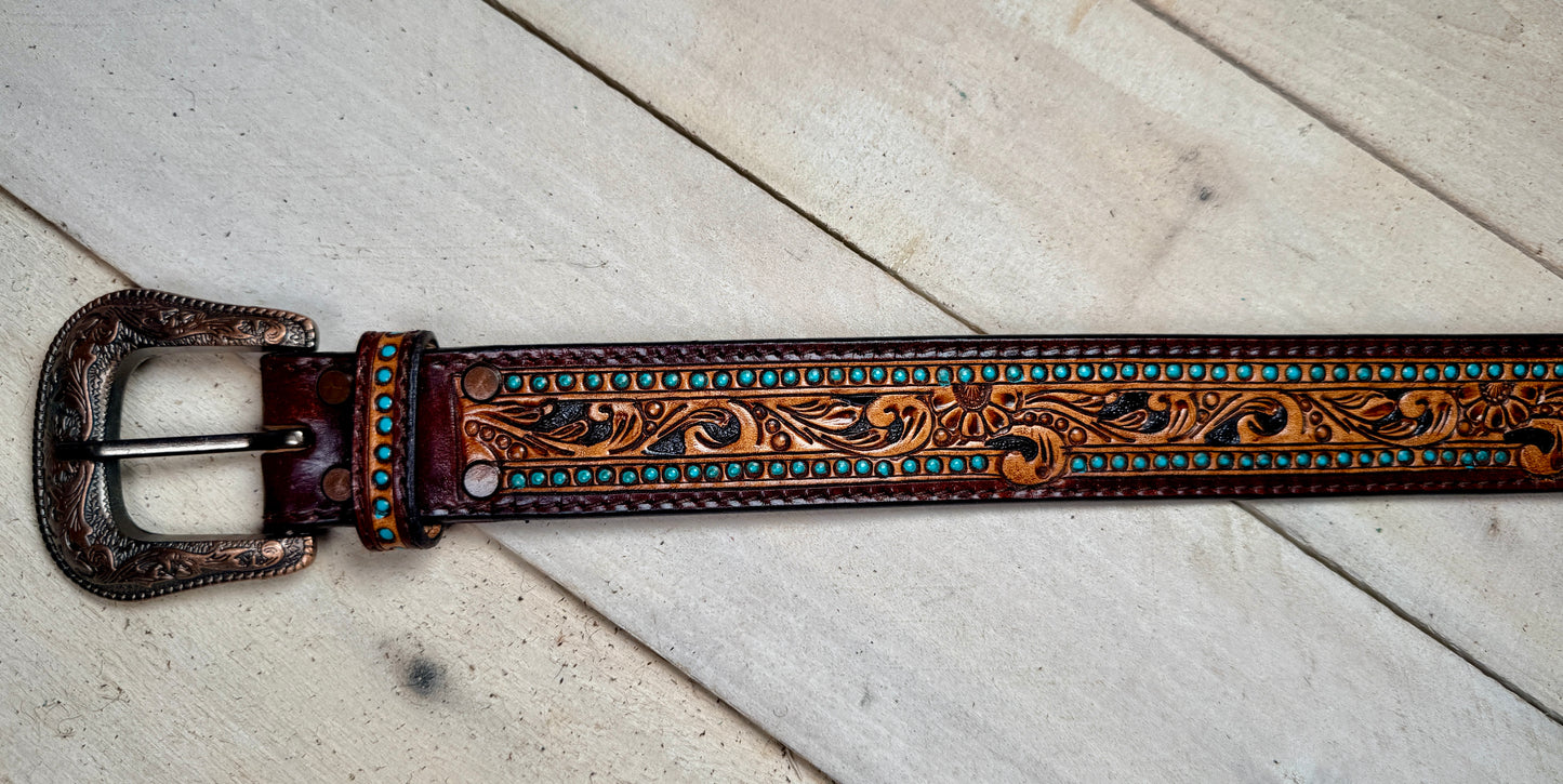 Turquoise Dotted Floral Tooled Leather Belt