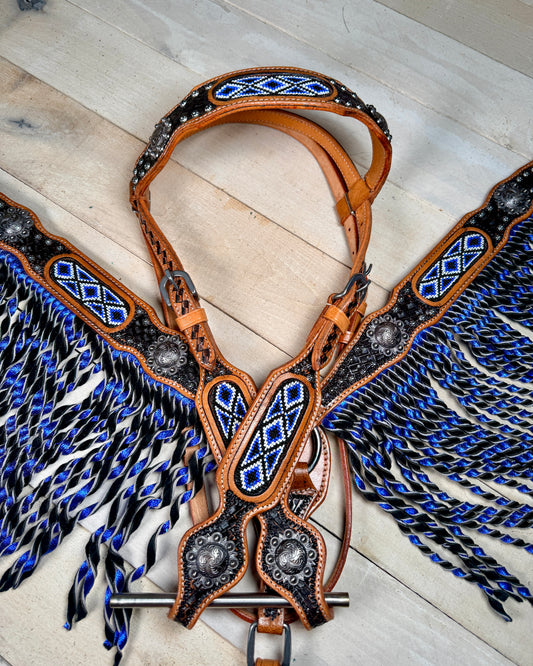 Nightsahde Black and Blue Beaded Fringe Tack Set
