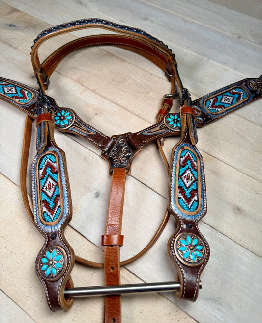 Light Blue and Burgandy Beaded Tack Set