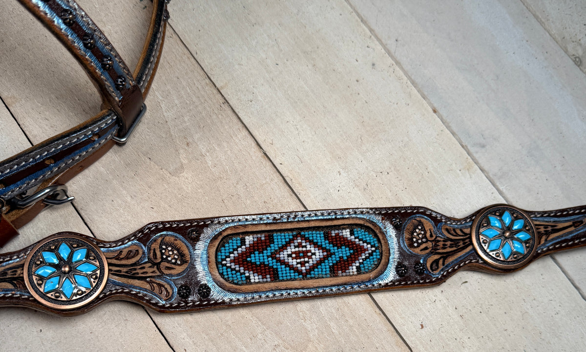 Light Blue and Burgandy Beaded Tack Set