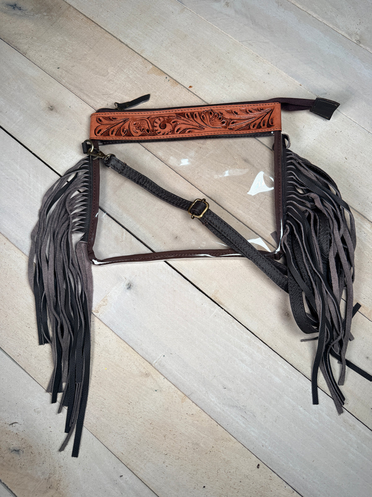 Clear Floral Tooled Fringe Crossbody Bag