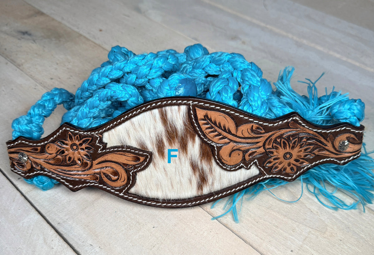 Cowhide Floral Leather Tooled Band Halter on Turquoise Nylon Muletape