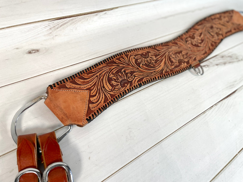 Floral Tooled Black Whipstitch Roughout Leather Tripping Collar