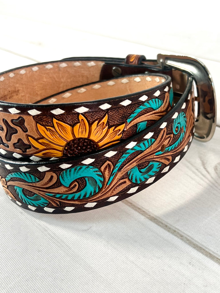 8795 Women\'s Floral Tooled Sunflower Concho Belt, Brown Women\ main image 2