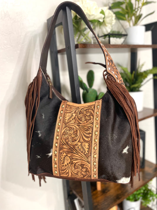 Hide & Floral Leather Tooled Hobo Fringe Handbag