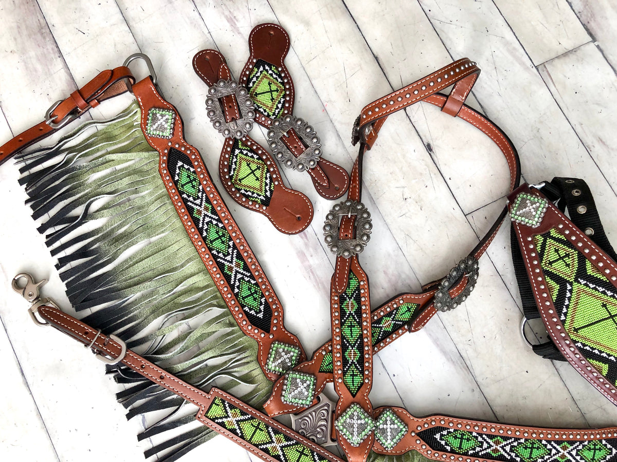 Green Ombre Fringe Beaded Tack Set